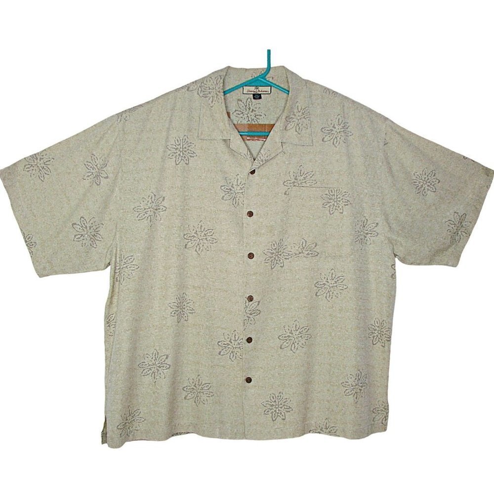 Mens Tommy Bahama Silk S/S Button Up Dress Shirt Khaki Tones Floral Stamp Sz XXL